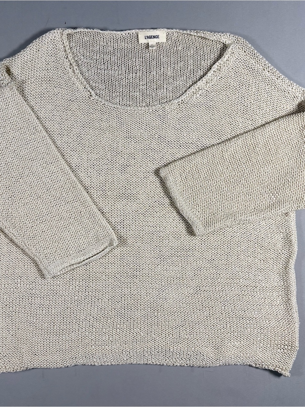 L'AGENCE Laura Cream Open-Knit Scoop Neck Drop Shoulder Sweater Size Small - Picture 5 of 11